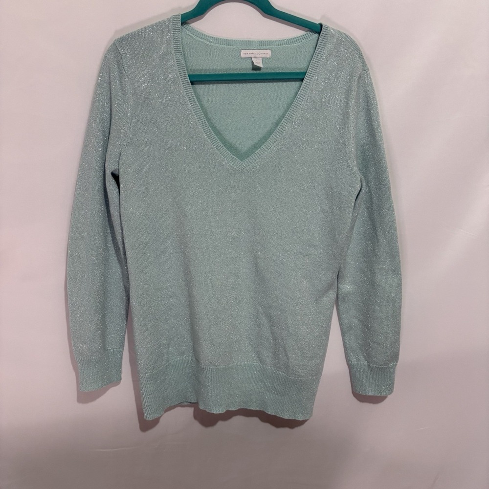 New York & Company Mint Green Metallic Size L V-neck Sweater Party Event Tunic
